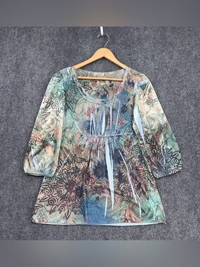 One World Boho Fairycore Artsy Y2K Colorful Tunic Top Women’s L Made In USA